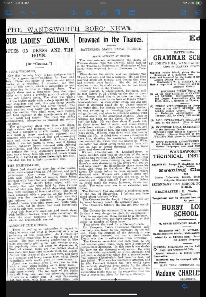 William James b1888 drowns in the River Thamaes Hunts Wharf Battersea